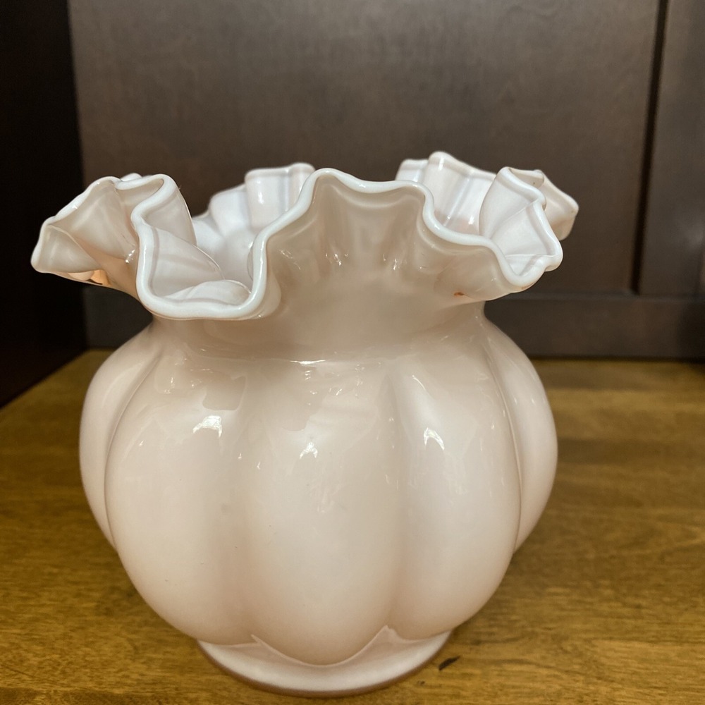 Vintage Fenton Vase Dusty Rose Pink Overlay Melon Shape ~ Double Crimped  5.5"